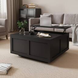 PAWNORA Black Lift Top Coffee Table with Large Storage Wood - Size: 100 cm x 15 cm