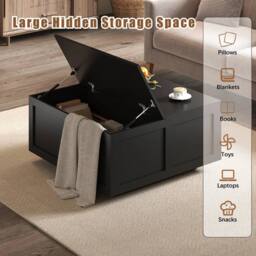 PAWNORA Black Lift Top Coffee Table with Large Storage Wood - Size: 100 cm x 15 cm - thumbnail 4