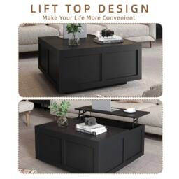 PAWNORA Black Lift Top Coffee Table with Large Storage Wood - Size: 100 cm x 15 cm - thumbnail 3