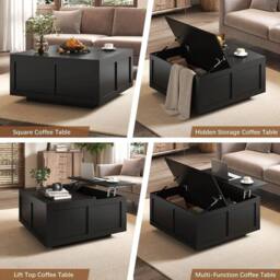 PAWNORA Black Lift Top Coffee Table with Large Storage Wood - Size: 100 cm x 15 cm - thumbnail 5