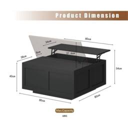 PAWNORA Black Lift Top Coffee Table with Large Storage Wood - Size: 100 cm x 15 cm - thumbnail 2