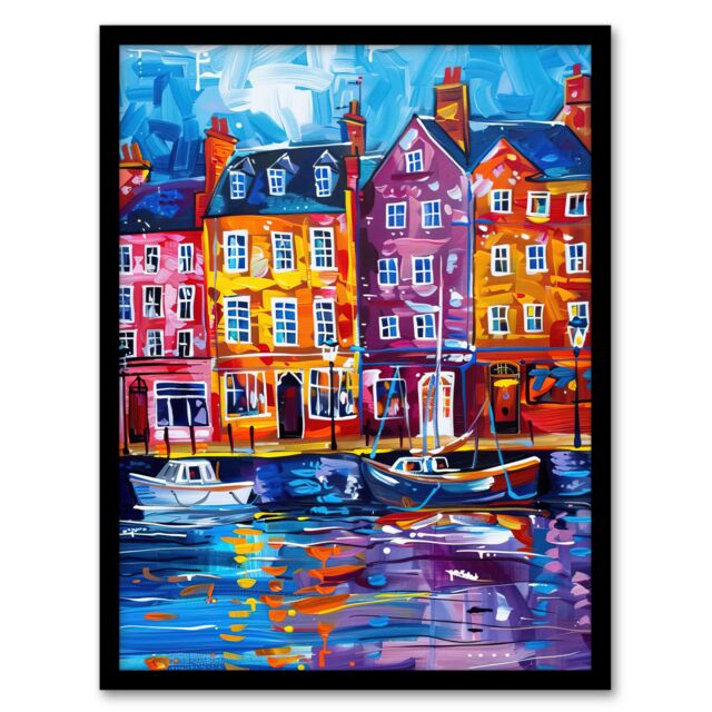 Artery8 Colourful Scarborough Harbour Yorkshire Painting Framed Art Print - Size: A4 - image 1