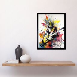 "Artery8 Wall Art Print Guitarist Playing Electric Guitar Music Solo Vibrant Modern Splat Paint Watercolour Art Framed in Black - Size: W12"" x H16""" - thumbnail 2