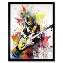 "Artery8 Wall Art Print Guitarist Playing Electric Guitar Music Solo Vibrant Modern Splat Paint Watercolour Art Framed in Black - Size: W12"" x H16""" - thumbnail 1