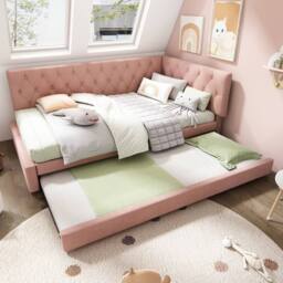 Matteo Pink Velvet Upholstered Daybed with Pull-Out Trundle, Single 3FT - thumbnail 8