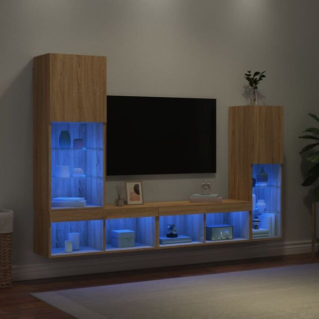 Berkfield Home 4 Piece TV Wall Units with LED Sonoma Oak Engineered Wood in Brown - image 1