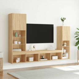 Berkfield Home 4 Piece TV Wall Units with LED Sonoma Oak Engineered Wood in Brown - thumbnail 4