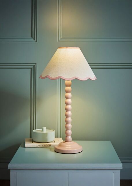 ValueLights Bobbins Rose Pink Table Lamp with Tapered Natural Linen Scallop Shade with Bulb in Pale Pink - image 1