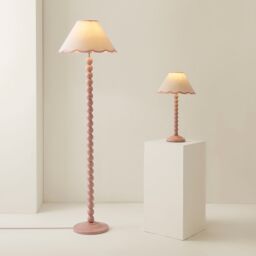 ValueLights Bobbins Rose Pink Table Lamp with Tapered Natural Linen Scallop Shade with Bulb in Pale Pink - thumbnail 8