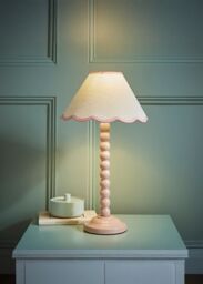 ValueLights Bobbins Rose Pink Table Lamp with Tapered Natural Linen Scallop Shade with Bulb in Pale Pink