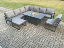 Fimous Aluminium Lounge Corner Sofa Outdoor Garden Furniture Sets Gas Fire Pit Dining Table Set with Big Footstool Dark Grey - thumbnail 1