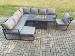 Fimous Aluminium Lounge Corner Sofa Outdoor Garden Furniture Sets Gas Fire Pit Dining Table Set with Big Footstool Dark Grey - thumbnail 2