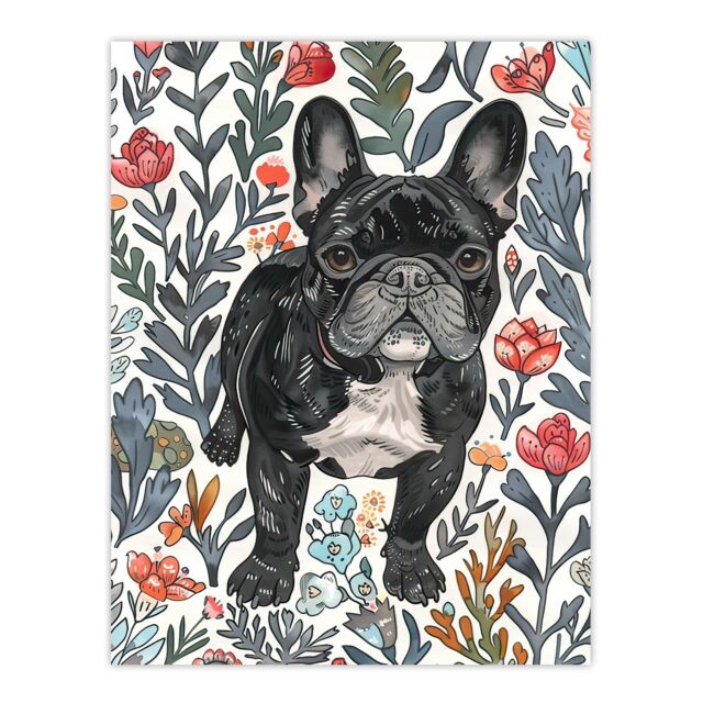 "Artery8 Cute French Bulldog in Flower Garden Dog Lover Wall Art Print - Size: W24"" x H32""" - image 1