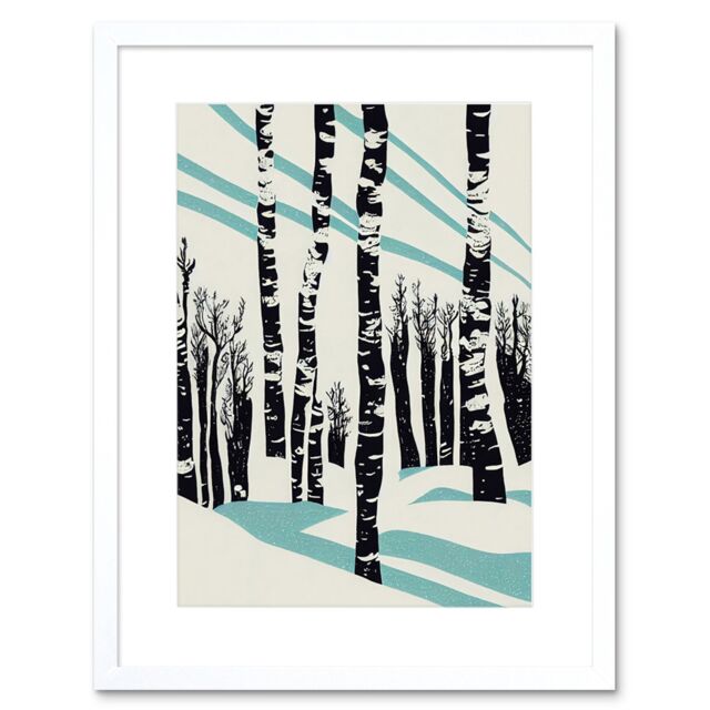 "Artery8 Wall Art Print Modern Birch Tree Forest in Winter Modern Stencil Design Monochrome & Teal Artwork Framed 9X7 Inch in White - Size: W7"" x H9""" - image 1