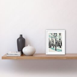 "Artery8 Wall Art Print Modern Birch Tree Forest in Winter Modern Stencil Design Monochrome & Teal Artwork Framed 9X7 Inch in White - Size: W7"" x H9""" - thumbnail 2