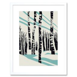 "Artery8 Wall Art Print Modern Birch Tree Forest in Winter Modern Stencil Design Monochrome & Teal Artwork Framed 9X7 Inch in White - Size: W7"" x H9""" - thumbnail 1
