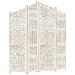 Berkfield Home Hand carved 4-Panel Room Divider White 160x165 cm Solid Mango Wood - thumbnail 6