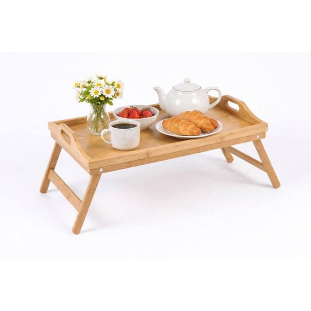 VOGREX Rectangle Bamboo Serving Tray With Handles Breakfast Lap Food Tray in Beige - image 1