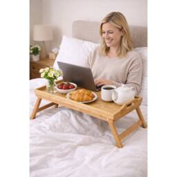 VOGREX Rectangle Bamboo Serving Tray With Handles Breakfast Lap Food Tray in Beige - thumbnail 3