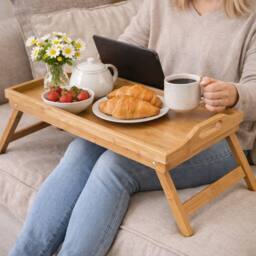 VOGREX Rectangle Bamboo Serving Tray With Handles Breakfast Lap Food Tray in Beige - thumbnail 2