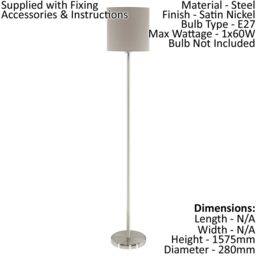 Loops Floor Lamp Light Satin Nickel Shade Taupe Fabric Pedal Switch Bulb E27 1x60W in Metallics - thumbnail 2