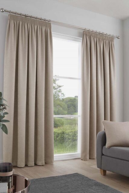 Fusion 'Galaxy' Pair of Light Reducing Thermal Effect Pencil Pleat Curtains in Natural - Size: 117 cm width x 137 cm drop - image 1