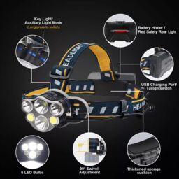 ExtraStar 6 LEDs Headlamp Torch headlight, 18650 Rechargeable Batteries Included, 8 MODES, Bike, Fishing & outdoor activities - thumbnail 2
