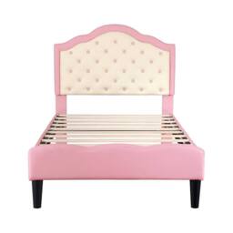 KORVIXA Pink 3‑ft Upholstered Single Bed 90x190cm with Headboard Slatted Frame - thumbnail 1