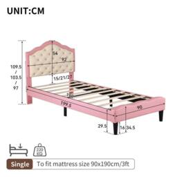 KORVIXA Pink 3‑ft Upholstered Single Bed 90x190cm with Headboard Slatted Frame - thumbnail 2
