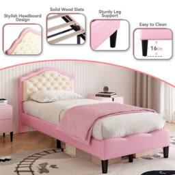 KORVIXA Pink 3‑ft Upholstered Single Bed 90x190cm with Headboard Slatted Frame - thumbnail 5