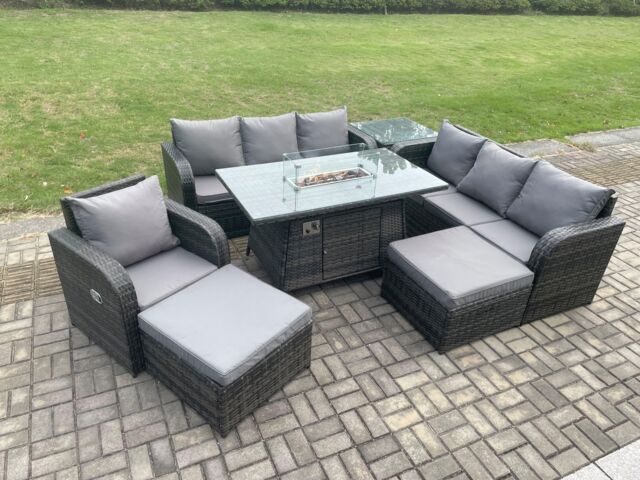 Fimous 9 Seater Wicker Rattan Garden Furniture Set Gas Fire Pit Dining Table Reclining Chair 3 Seater Sofa Set Indoor Outdoor with Side Table - image 1