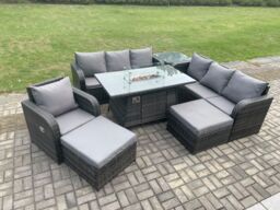 Fimous 9 Seater Wicker Rattan Garden Furniture Set Gas Fire Pit Dining Table Reclining Chair 3 Seater Sofa Set Indoor Outdoor with Side Table - thumbnail 1