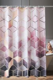 Neel Blue Geometric Bathroom Shower Curtain with 12 Hooks, Mould & Mildew Resistant in Pink - Size: 180 cm width x 200 cm drop - thumbnail 6