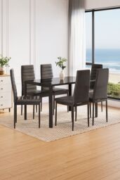 Living and Home Modern Rectangular Tempered Glass Kitchen Dining Table in Black - thumbnail 2