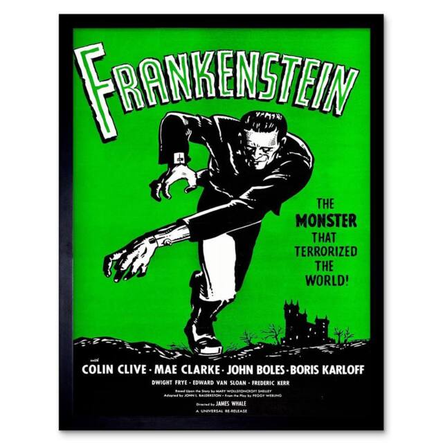 "Artery8 Movie Film Frankenstein Monster Karloff Horror Framed Wall Art in Green - Size: W12"" x H16""" - image 1