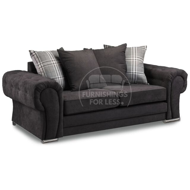 Furnishings For Less UK Milan Fabric 3 Seater Sofa Black Fabric Scatter Back Chesterfield Style - image 1