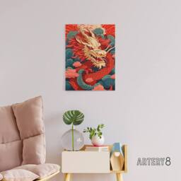 "Artery8 Chinese Dragon & Sunset Clouds Canvas Wall Art Print in Red - Size: W18"" x H24""" - thumbnail 3