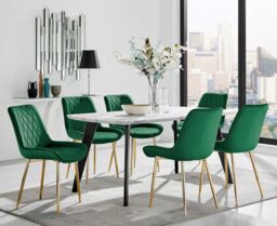FurnitureboxUK Andria Marble Effect Dining Table With Black Legs & 6 Pesaro Velvet Gold Leg Chairs in Green
