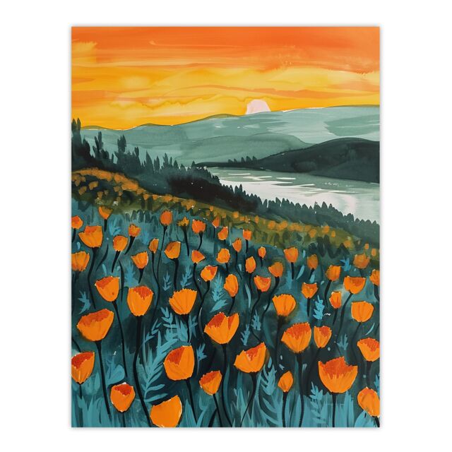 "Artery8 Floral Shoreline California Poppies At Sunrise Wall Art Print in Green - Size: W12"" x H16""" - image 1