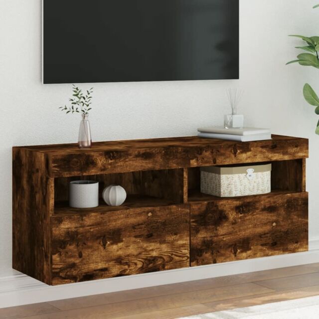 Berkfield Home TV Wall Cabinet with LED Lights Smoked Oak 100x30x40 cm in Brown - Size: 100 x 30 x 40 cm - image 1