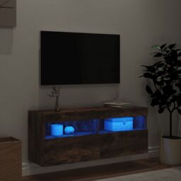 Berkfield Home TV Wall Cabinet with LED Lights Smoked Oak 100x30x40 cm in Brown - Size: 100 x 30 x 40 cm - thumbnail 4