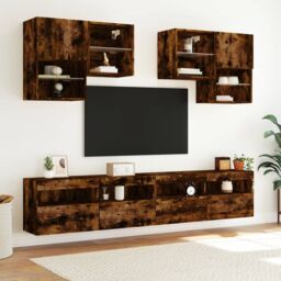 Berkfield Home TV Wall Cabinet with LED Lights Smoked Oak 100x30x40 cm in Brown - Size: 100 x 30 x 40 cm - thumbnail 6