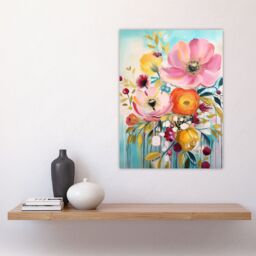 Artery8 Teal Pink Yellow Flowers Bright Elegant Oil Painting Vibrant Spring Blooms Large Wall Unframed Art Poster Print Thick Paper 18X24 Inch - thumbnail 4