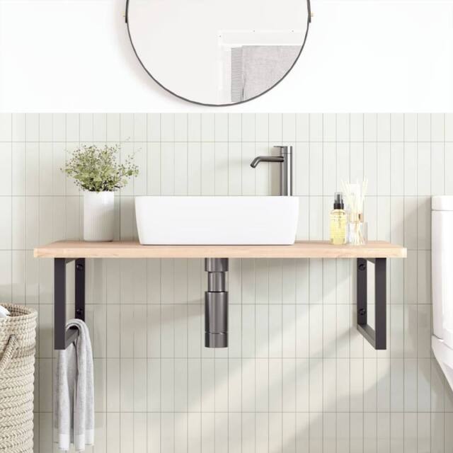 Berkfield Home Elegant Basin Shelf Wall Mounted Steel & Solid Wood Beech in Light Tan - image 1