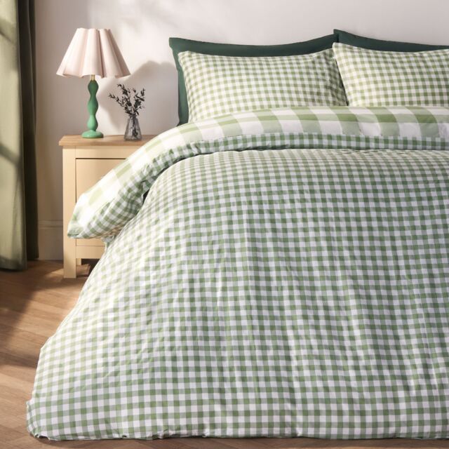 OHS Gingham Reversible Bedding Set Duvet Cover with Pillowcase in Light Green - Size: Single - image 1
