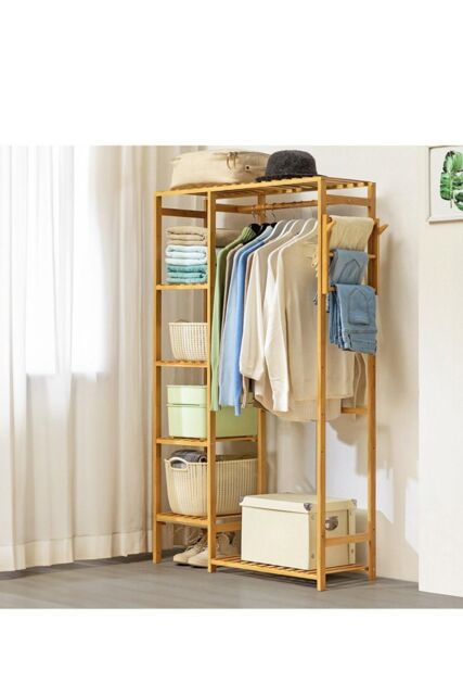 H&O Direct Wooden Clothes Rack with Hooks in Brown - image 1