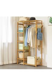 H&O Direct Wooden Clothes Rack with Hooks in Brown
