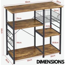 Rafaelo Mobilia Industrial Kitchen Baker's Rack With Storage Shelves & Hooks in Dark Brown - thumbnail 4