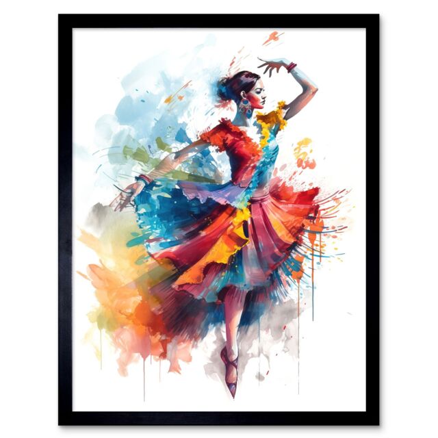 "Artery8 Wall Art Print Flamenco Dancer in Motion Rainbow Colour Dress Dance Modern Watercolour Painting Art Framed in Black - Size: W12"" x H16""" - image 1