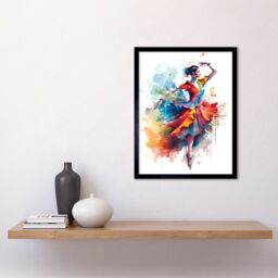 "Artery8 Wall Art Print Flamenco Dancer in Motion Rainbow Colour Dress Dance Modern Watercolour Painting Art Framed in Black - Size: W12"" x H16""" - thumbnail 2